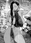  1girl arm_up black_hair breasts dark-skinned_female dark_skin gesogeso greyscale hair_over_one_eye highres holding holding_rope large_breasts long_hair looking_at_viewer monochrome nature nipples original rope scar scar_on_face smile solo water waterfall 