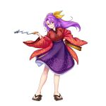  1girl breasts brown_footwear folded_fan folding_fan full_body game_cg geta hair_ribbon hand_fan highres holding holding_fan holding_smoking_pipe kiseru komakusa_sannyo long_hair looking_at_viewer open_mouth ponytail purple_hair purple_skirt red_eyes red_robe ribbon robe rotte_(1109) simple_background skirt smile smoking_pipe solo third-party_source touhou touhou_lost_word white_background wide_sleeves yellow_ribbon 