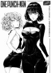  2girls artist_name backless_outfit bare_arms bare_back bare_shoulders breasts cleavage_cutout clothing_cutout cover fake_cover fubuki_(one-punch_man) greyscale highres looking_at_viewer meme_attire monochrome multiple_girls omniformblue one-punch_man revision short_hair signature tatsumaki virgin_killer_sweater 