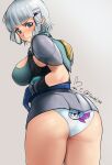  1girl animal_print ass ass_focus bear_panties bear_print blue_eyes blush bodysuit breasts commentary gloves grey_hair hair_ornament hairpin highres large_breasts looking_back panties print_panties seolla_schweizer short_hair solo_focus super_robot_wars super_robot_wars_dd underwear yoo_tenchi 