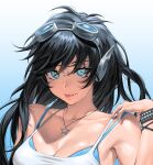  1girl absurdres black_hair blue_background blue_eyes bracelet breasts cleavage collarbone commission english_commentary fang floating_hair goggles goggles_on_head hand_on_own_shoulder headphones highres jewelry long_hair necklace nose_piercing original piercing portrait ryofu_x solo star_(symbol) star_necklace tongue tongue_out 
