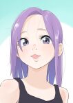  1girl black_tank_top eyelashes eyes_visible_through_hair highres lips mizu_kane open_mouth original purple_eyes purple_hair solo tank_top 