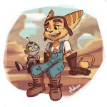  1:1 advos anthro boots bottomwear brown_boots brown_clothing brown_footwear brown_gloves brown_handwear clank_(ratchet_and_clank) clothing digital_media_(artwork) duo fingers footwear fur gloves green_eyes handwear larger_male lombax machine male mammal open_mouth outside overalls ratchet ratchet_and_clank robot rock shirt sitting size_difference sky smile sony_corporation sony_interactive_entertainment stripes teeth topwear white_clothing white_shirt white_topwear yellow_body 
