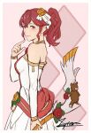  1girl anna_(bridal)_(fire_emblem) anna_(fire_emblem) bow_(weapon) cm_lynarc detached_sleeves dress fire_emblem fire_emblem_awakening fire_emblem_heroes flower from_side hair_between_eyes hair_flower hair_ornament highres holding holding_bow_(weapon) holding_weapon looking_at_viewer official_alternate_costume ponytail red_eyes red_hair signature smile solo weapon wedding_dress white_dress 