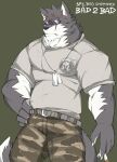  absurd_res anthro bad_2_bad:_extinction beo_shepherd_(bad_2_bad) canid canine canis claws clothing dog_tags domestic_dog eyewear fur grey_body grey_fur hi_res male mammal military_pants muscular muscular_anthro muscular_male roulga scar solo sunglasses white_body white_fur 
