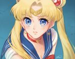  1girl bangs bishoujo_senshi_sailor_moon blonde_hair blue_eyes blue_sailor_collar choker crescent crescent_earrings derivative_work diadem earrings heart heart_choker highres jewelry long_hair meme miyai_nekomaru parted_bangs parted_lips sailor_collar sailor_moon sailor_moon_redraw_challenge_(meme) sailor_senshi_uniform screencap_redraw signature solo sparkling_eyes tsukino_usagi twintails upper_body 