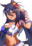  1girl absurdres animal_ears arm_up armpits black_hair blue_shirt blush breasts cleavage commentary_request ear_ornament eve_on_k fang hair_between_eyes highres hishi_amazon_(umamusume) horse_ears horse_girl horse_tail large_breasts long_hair looking_at_viewer midriff navel open_mouth red_eyes shirt simple_background smile solo tail two-tone_shirt umamusume upper_body very_long_hair white_background white_shirt 