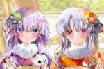  2girls absurdres asahina_yori blue_eyes blue_hair blue_ribbon blurry blurry_background blush closed_mouth commentary day eyelashes eyes_visible_through_hair floral_print flower frown fur-trimmed_kimono fur_trim hair_between_eyes hair_flower hair_ornament hair_over_shoulder hatsumoude highres japanese_clothes kanzashi kimono leaf_hair_ornament long_hair looking_at_viewer multiple_girls one_side_up open_mouth outdoors parted_bangs purple_hair purple_kimono red_eyes red_flower red_kimono ribbon siblings side-by-side sidelocks sisters smile sorakado_ai sorakado_ao straight-on summer_pockets upper_body wavy_hair white_flower white_fur 