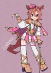  1girl animal_ears armor blush boots cane cape character_name closed_mouth corset crown ear_piercing fingerless_gloves gloves hair_between_eyes hand_up high_heel_boots high_heels highres holding holding_cane horse_ears jewelry long_sleeves looking_at_viewer orange_hair piercing pink_background pink_cape purple_eyes ring shirt short_hair shoulder_armor single_glove skirt smile solo sudzume t.m._opera_o_(umamusume) thighhighs umamusume v white_gloves white_shirt white_thighhighs yellow_footwear 