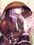  1other ajirogasa androgynous bad_id bad_pixiv_id brown_kimono cherry_blossoms commentary falling_petals hand_on_own_elbow hat highres holding_own_hair japanese_clothes kimono len&#039;en long_hair long_sleeves looking_at_viewer ofuda ofuda_on_clothes outdoors petals plant potted_plant purple_eyes purple_hair sash shirami_souko signature strap tree upper_body vase veil white_sash wide_sleeves yukkyon_kyon 