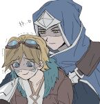  2boys blonde_hair blue_cape brown_eyes brown_jacket cape collarbone ezreal fur-trimmed_jacket fur_trim goggles goggles_on_head heart highres hood hooded_cape jacket kkuppegi league_of_legends looking_at_another male_focus multiple_boys open_clothes open_jacket shirt short_hair simple_background sparkle sweat talon_(league_of_legends) teeth translation_request trembling white_background white_shirt 