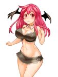  1girl alternate_costume bat_wings bikini bikini_skirt black_bikini blush breasts cleavage closed_mouth collar commentary_request demon_girl demon_wings detached_collar expressionless feet_out_of_frame fujisawa_kongoumachi groin head_wings koakuma large_breasts long_hair looking_at_viewer medium_bangs navel red_eyes red_hair sidelocks simple_background solo swimsuit touhou white_background white_collar wings 