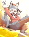  1girl animal_ears blazer extra_ears fox_ears fox_girl fox_tail gloves grey_hair hat highres hissaa_(hisser) island_fox_(kemono_friends) jacket kemono_friends kemono_friends_v_project long_hair looking_at_viewer microphone necktie open_mouth pantyhose ribbon shirt shoes simple_background skirt solo tail twintails virtual_youtuber yellow_eyes 