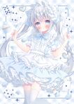  1girl blue_eyes blush food frills hairband highres long_hair macaron maid original puu_(kari---ume) white_background white_hair 