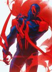  1boy animal_print arm_blade blue_bodysuit blue_mask bodysuit broad_shoulders glowing_bodysuit highres large_pectorals male_focus marvel miguel_o&#039;hara muscular muscular_male onion_maru pectorals print_bodysuit red_bodysuit skin_tight solo spider-man:_across_the_spider-verse spider-man_(2099) spider-man_(series) spider_print two-tone_bodysuit weapon 