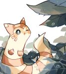  :d animal_focus brown_fur dew_drop furret hanabusaoekaki highres leaf no_humans one_eye_closed open_mouth pokemon pokemon_(creature) simple_background smile solid_circle_eyes solo two-tone_fur water_drop white_background white_fur 