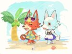  2girls :d ^_^ animal_crossing animal_ears animal_nose apron audie_(animal_crossing) bare_legs barefoot basket beach black_eyes black_vest blonde_hair blue_dress blue_sky closed_eyes cloud coconut_tree day dress furry furry_female holding holding_basket katagiri_hachigou multiple_girls open_mouth palm_tree pineapple_print print_dress puffy_short_sleeves puffy_sleeves purple-tinted_eyewear purple_skirt sand seashell shell shirt short_sleeves skirt sky skye_(animal_crossing) smile snout sunglasses tail tinted_eyewear tree vest waist_apron walking water white-framed_eyewear white_shirt wolf_ears wolf_girl wolf_tail 