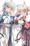 2girls :3 absurdres animal_ear_fluff animal_ears bandaid_hair_ornament bare_shoulders blonde_hair blue_brooch blue_eyes blue_hair blue_hairband breasts cleavage collar crossed_bangs dog_ears dog_girl double-parted_bangs double_bun fake_horns fang fuwawa_abyssgard hair_between_eyes hair_bun hair_intakes hair_ornament hairband hairclip highres hololive hololive_english horns large_breasts long_hair mococo_abyssgard multicolored_hair multiple_girls open_mouth pink_brooch pink_eyes pink_hair pink_hairband short_hair siblings sisters small_breasts streaked_hair twins two_side_up virtual_youtuber weyas_kayur white_background x_hair_ornament 