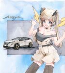  black_dress black_thighhighs blonde_hair blue_eyes breasts brown_dress cleavage collarbone dress earpiece hi_fumiyo highres medium_breasts nissan nissan_ariya off_shoulder open_hands original personification sports_utility_vehicle thighhighs traditional_media twintails two-tone_dress vehicle_and_personification vehicle_name 