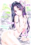  1girl ass black_hair breasts butterfly_hair_ornament closed_mouth hair_ornament highres holding holding_towel kimetsu_no_yaiba kochou_kanae light_smile long_hair looking_at_viewer outdoors purple_eyes small_breasts solo towel traditional_media water yqgkg 