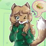  anthro averi_(fiddleafox) brown_body brown_fur burger canid canine clothing dipstick_tail female female_anthro food fox fur gloves_(marking) green_clothing green_eyes hair mammal markings one_eye_closed pictographics simple_background solo speech_bubble tail tail_markings unknown_artist white_body white_fur wink 