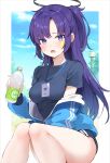  1girl black_shirt blue_archive blue_eyes blue_jacket blush bottle commentary_request facial_mark feet_out_of_frame halo highres holding holding_bottle id_card jacket lanyard long_hair looking_at_viewer masco mechanical_halo open_mouth partially_unzipped ponytail purple_hair shirt short_sleeves solo star_(symbol) track_jacket water_bottle yuuka_(blue_archive) yuuka_(track)_(blue_archive) 