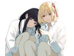  2girls black_hair blonde_hair blush closed_mouth collared_shirt commentary dress_shirt feet_out_of_frame hair_ribbon highres hugging_own_legs inoue_takina knees_up long_hair long_sleeves looking_at_another looking_at_viewer lycoris_recoil multiple_girls nishikigi_chisato one_side_up playing_with_another&#039;s_hair puffy_sleeves purple_eyes red_eyes red_ribbon ribbon shirt short_hair sidelighting sidelocks simple_background sitting variant_set white_background white_shirt yomo_(moo_777_moo) yuri 
