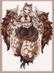  1girl absurdres alternate_hairstyle bird_legs black_eyes blush breasts brown_feathers brown_hair digitigrade feathered_wings feathers fluffy harpy highres large_breasts looking_at_viewer monster_girl monster_girl_encyclopedia neck_fur owl_girl owl_mage_(monster_girl_encyclopedia) parted_bangs short_hair simple_background solo talons udetamago white_background winged_arms wings 