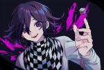  1boy :d black_hair checkered_clothes checkered_scarf danganronpa_(series) danganronpa_v3:_killing_harmony dice flipped_hair grey_jacket hair_between_eyes hand_up highres jacket male_focus o_kusuri_no_me_tade oma_kokichi open_mouth pale_skin purple_eyes purple_hair scarf smile solo teeth upper_teeth_only 