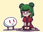  1girl all-around_helper black_pants brown_shirt closed_mouth collared_shirt commentary_request double_bun employee_(lobotomy_corporation) glasses green_hair hair_bun hatake_shimeji jacket kneeling lobotomy_corporation long_sleeves outline pants project_moon red_jacket round_eyewear shirt simple_background smile white_outline yellow_background 