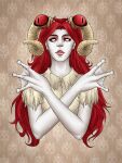  1girl aradia_megido aradiasprite aries_(zodiac) asenath23 blank_eyes collared_shirt colored_sclera colored_skin crossed_arms curled_horns extra_eyes eyes_on_horns facing_viewer frog_girl gemini_(zodiac) ghost highres homestuck horns long_hair pink_background red_eyes red_hair red_lips red_sclera sheep_horns shirt slit_pupils solo spread_fingers three_fingers torn_clothes torn_shirt troll_(homestuck) undead upper_body webbed_hands white_shirt white_skin 