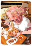  1girl absurdres blurry blurry_background breasts chopsticks closed_eyes cup dated dumpling ear_piercing eating food hair_over_eyes highres indoors jiaozi long_bangs medium_hair mole mole_on_neck noodles onodera_kokoro original piercing pink_hair ramen shirt short_sleeves small_breasts solo steam watch white_shirt wristwatch 