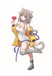  1girl absurdres animal_ears arknights bare_shoulders boots cat_ears cat_tail collar commentary_request daoshi_niang_lan_er full_body grey_footwear grey_hair hair_bun hairband hand_up heart high_heel_boots high_heels highres holding infection_monitor_(arknights) jacket kazemaru_(arknights) long_hair long_sleeves looking_at_viewer off_shoulder open_clothes open_jacket purple_eyes smile solo standing standing_on_one_leg strapless tail thigh_boots thighs white_collar white_hairband yellow_jacket 