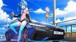  1girl absurdres ahoge animal_ear_fluff animal_ears arm_strap armpit_crease bare_shoulders bikini black_choker black_footwear black_gloves black_jacket black_shorts blue_bikini blue_car blue_eyes blue_hair blue_sky blue_theme blue_thighhighs botro breasts car cat_ears cat_girl cat_tail choker cloud contrail cropped_jacket cup day disposable_cup fingerless_gloves front-tie_bikini_top front-tie_top gloves guard_rail halterneck highleg highleg_bikini highres highway holding holding_cup hyundai hyundai_elantra hyundai_elantra_n jacket license_plate long_sleeves looking_at_viewer medium_hair micro_shorts motor_vehicle mountain navel off_shoulder one_side_up open_clothes open_fly open_jacket open_mouth original outdoors power_lines race_queen railing road_sign shadow shoes shorts side-tie_bikini_bottom sign skindentation sky small_breasts smile solo sports_car stomach strap_gap string_bikini swimsuit tail tail_raised thighhighs thighs utility_pole 