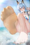  1girl absurdres bare_legs bare_shoulders barefoot beach bikini blue_bikini blue_eyes blue_hair blue_nails blue_sky blush braid breasts brown_socks cleavage collarbone day feet foot_focus french_braid gloves goddess_of_victory:_nikke hair_ornament helm_(aqua_marine)_(nikke) helm_(nikke) high_ponytail highres huge_breasts jewelry knees_together_feet_apart large_breasts legs long_hair long_sleeves looking_at_viewer nail_polish navel no_shoes ocean open_clothes open_mouth open_shirt outdoors paid_reward_available ponytail sidelocks single_sock sitting sky smile socks soles solo swimsuit thighs toenail_polish toenails toes ursica water wet white_gloves 