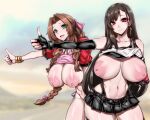  2girls aerith_gainsborough black_gloves black_skirt braid braided_ponytail breasts brown_hair clothes_lift cropped_legs dangle_earrings dress earrings final_fantasy final_fantasy_vii final_fantasy_vii_remake gggg gloves green_eyes hair_intakes highres hitchhiking huge_breasts jacket jewelry large_breasts miniskirt multiple_girls outstretched_arm pink_dress red_eyes red_jacket shirt_lift skirt smile suspender_skirt suspenders tank_top teardrop_earring thumbs_up tifa_lockhart white_tank_top 