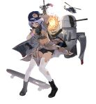  1girl absurdres aircraft american_flag baseball_cap bike_shorts black_footwear black_shorts blue_headwear boots breasts brown_shirt cannon clothes_around_waist dark-skinned_female dark_skin explosion frigate full_body hat helicopter highres jacket jacket_around_waist machinery military military_vehicle navel one_eye_closed original personification phalanx_ciws purple_hair ship shirt short_sleeves shorts skateboard small_breasts solo standing thighhighs tied_shirt torn_bike_shorts torn_clothes torn_jacket torn_shirt torn_thighhighs turret tuzik10 united_states_navy uss_stark_(ffg-31) warship watercraft white_thighhighs yellow_eyes 