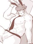  1boy abs animal_ears ass_visible_through_thighs bara between_pectorals bulge detached_collar feet_out_of_frame glasses holding holding_sign jockstrap kekkai_sensen klaus_von_reinhertz large_pectorals long_sideburns looking_at_viewer male_focus male_playboy_bunny male_underwear mature_male muscular muscular_male mutton_chops navel navel_hair necktie necktie_between_pectorals nipples nore_(boosuke) pectorals rabbit_ears red_hair semi-rimless_eyewear short_hair sideburns sign sitting solo spread_legs stomach thick_thighs thighs topless_male tusks underwear 