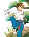  1other animal_keychain backpack bag belt brown_eyes brown_hair denim flower gladolia_(flower) highres holding jeans juniper_tree keishin keychain light_smile long_belt looking_at_viewer loose_clothes loose_shirt original pants plant red_belt rock shirt shoes short_hair sitting sitting_on_rock sneakers tree under_tree white_background 