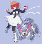  1girl blue_background cat closed_mouth colored_skin full_body highres loveycloud mars_(pokemon) open_mouth outline poke_ball pokemon purugly red_eyes red_hair simple_background smile team_galactic whiskers white_footwear white_outline white_skin yellow_eyes 