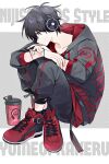  1boy black_hair character_name copyright_name diagonal_stripes grey_hoodie grey_pants headphones highres hood hoodie iv_4t knees_up nijisanji pants red_eyes red_footwear shoes sitting sneakers solo striped striped_background tumbler virtual_youtuber yumeoi_kakeru 