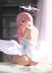  1girl absurdres angel_wings ass back bare_shoulders bed bed_sheet blue_archive blurry blush breasts feathered_wings from_behind from_side hair_between_eyes halo highres huykho192 index_finger_raised indoors kneeling long_hair long_sleeves looking_at_viewer looking_back low_wings mika_(blue_archive) off_shoulder on_bed parted_lips pink_hair red_eyes shirt sitting smile solo thighs underwear white_shirt white_wings wings yellow_eyes 