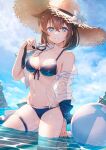  1girl absurdres ball beachball bikini blue_bikini blue_eyes breasts brown_hair day hair_between_eyes hat highres kantai_collection long_hair medium_breasts official_alternate_costume open_clothes open_shirt outdoors see-through see-through_shirt shigure_(kancolle) shigure_kai_san_(kancolle) shirt sho_(sumika) solo straw_hat swimsuit thigh_strap water wet wet_clothes wet_shirt white_shirt 