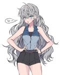  1girl alternate_costume belt black_shirt black_shorts blue_eyes blue_shirt blush brown_belt collared_shirt ensemble_stars! eyelashes genderswap genderswap_(mtf) grey_hair hand_on_own_hip long_hair open_mouth sena_izumi_(ensemble_stars!) shirt shorts solo speech_bubble translation_request wavy_hair white_background zkyoyo 