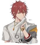  1boy amagi_rinne bracelet commentary_request covered_mouth ensemble_stars! green_eyes hand_up hexagon hexagon_print highres jacket jacket_partially_removed jewelry long_sleeves looking_at_viewer male_focus necklace red_hair shirt short_hair short_sleeves shu_(oshigoto_boshuuchuu) simple_background solo t-shirt translation_request upper_body white_background 
