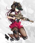  1girl animal_ear_headwear assault_rifle battle_rifle black_footwear black_hair black_headwear bow bowtie character_name closed_mouth collared_shirt combat_helmet ear_protection english_commentary full_body gun handgun helmet highres holding holding_gun holding_weapon holster holstered jestami knee_pads komi-san_wa_komyushou_desu komi_shouko loafers long_hair looking_at_viewer night_vision_device pantyhose pink_bow pink_bowtie pink_skirt purple_eyes rifle scope shirt shirt_tucked_in shoes short_sleeves sig_sauer sig_sauer_mcx_spear sig_sauer_p320 signature skirt solo suppressor thigh_holster trigger_discipline weapon weapon_name white_background white_shirt zoom_layer 