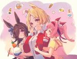  3girls animal_ears arm_hug blonde_hair blue_eyes bowl breasts brown_hair carrot chopsticks closed_eyes collared_shirt dress ear_covers food hair_over_one_eye hairband haru_urara_(umamusume) high_collar holding holding_bowl holding_chopsticks horse_ears jacket long_hair long_sleeves looking_at_another multiple_girls narita_top_road_(umamusume) onigiri open_mouth orange_eyes pink_dress pink_hair ponytail purple_eyes rice rice_bowl rice_shower_(umamusume) shirt short_hair signature small_breasts smile track_jacket umamusume umamusume:_road_to_the_top upper_body welchino yellow_shirt 