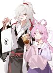  1boy 1girl :d bag bow-shaped_hair bubble_tea drink drinking_straw drinking_straw_in_mouth forehead_jewel fu_xuan_(honkai:_star_rail) hair_over_one_eye hair_ribbon highres holding holding_drink honkai:_star_rail honkai_(series) jing_yuan long_hair looking_at_viewer mole mole_under_eye open_mouth paper_bag parted_bangs pink_eyes pink_hair ponytail red_ribbon ribbon sash shopping_bag simple_background smile upper_body white_background white_hair wide_sleeves yellow_eyes yinro 