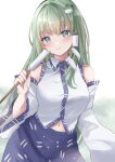  1girl bare_shoulders blue_eyes blue_skirt blurry blurry_background blush closed_mouth collared_shirt cowboy_shot detached_sleeves dot_nose frog_hair_ornament gohei green_eyes green_hair hair_ornament hair_tubes hand_up highres holding holding_gohei kochiya_sanae kurage_cc long_hair long_sleeves looking_at_viewer navel one-hour_drawing_challenge shirt sidelocks skirt sleeveless sleeveless_shirt smile snake_hair_ornament solo standing touhou two-tone_eyes white_background white_shirt white_sleeves wide_sleeves 