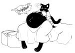  anthro bed belly bethesda_softworks big_belly big_breasts black_body black_fur breasts domestic_cat felid feline felis female food fur furniture hand_on_stomach khajiit mammal monochrome open_mouth simple_background sinfullapis sitting solo sound_effects soup stuffing tail text the_elder_scrolls thick_thighs tuna_(sinfullapis) 